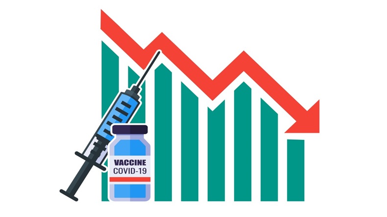 Vector of a COVID-19 vaccine vial on top of a graph displaying a downward trajectory