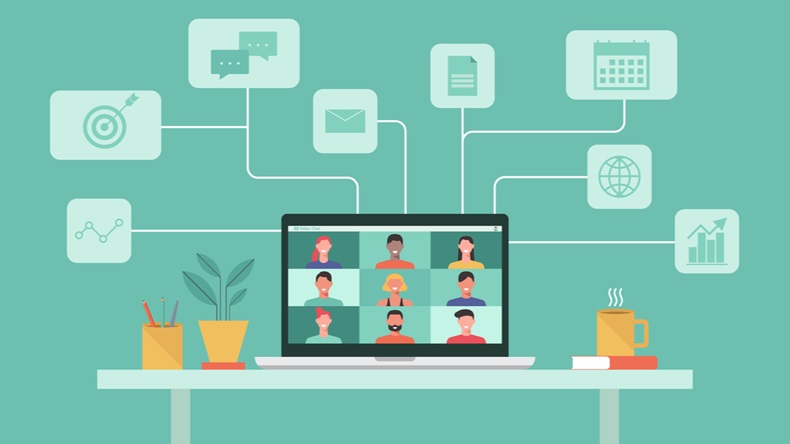 people connecting together, learning or meeting online with teleconference, video conference remote working concept, work from home and work from anywhere, flat vector illustration