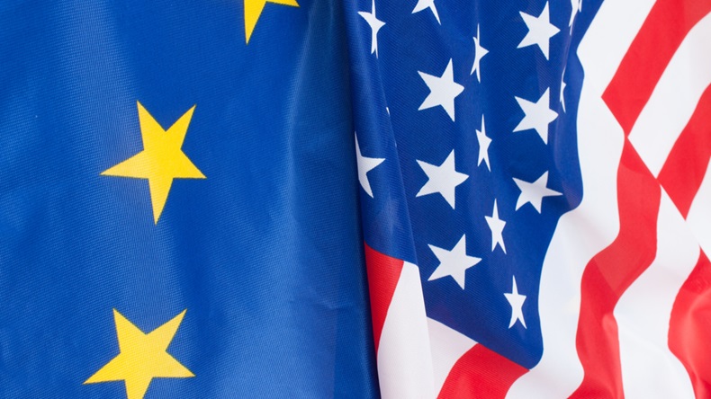 Close up of EU and US flag