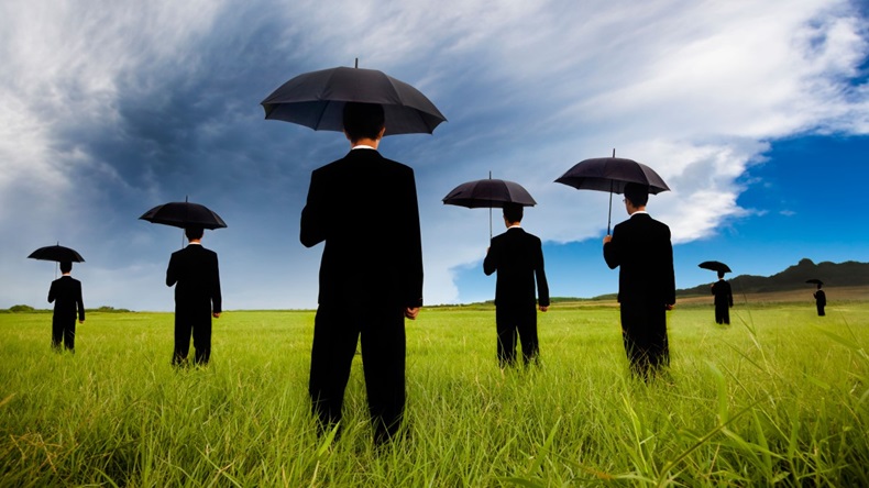 Businessmen umbrellas storm field