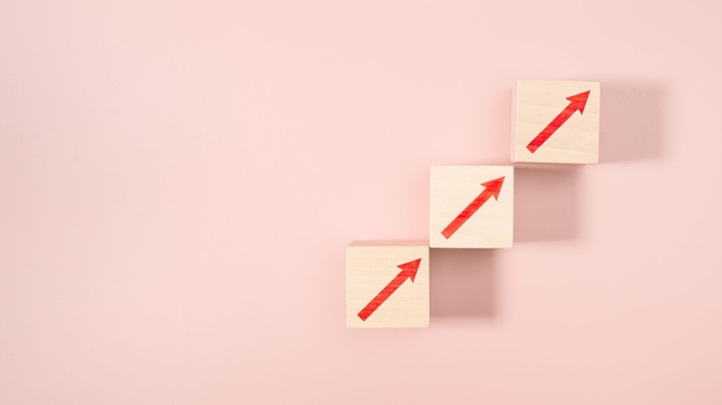 Tiered wooden blocks on pink background representing growth