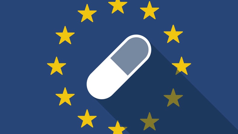 EU flag, with its stars encircling a picture of a drug capsule