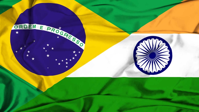 Image of Brazilian and Indian flags merging diagonally