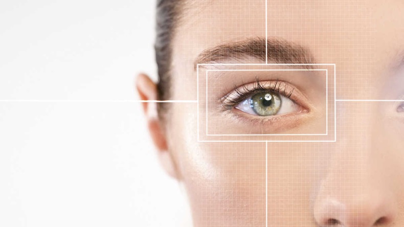 Close-up of woman's eye framed by a digital auto-focus rectangular overlay