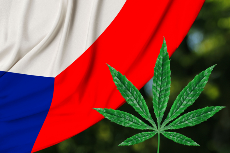 Cannabis leaf against detail of flag of the Czech Republic