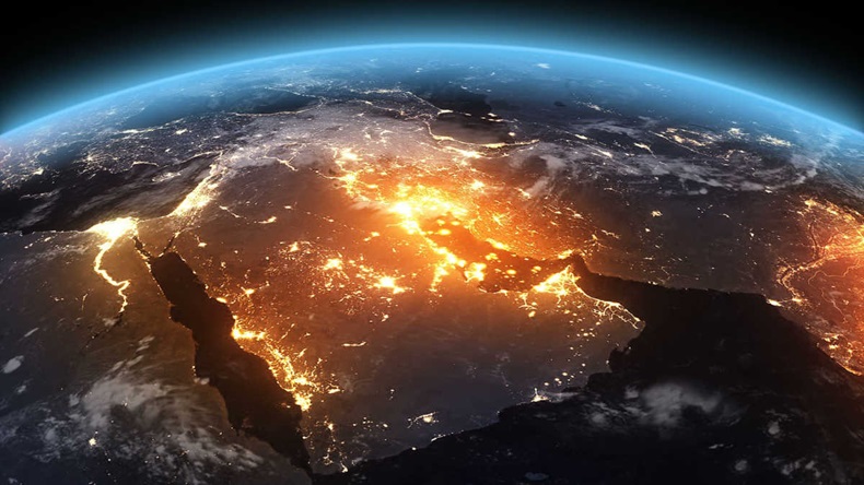 Satellite image of MENA region at night showing light from urban areas