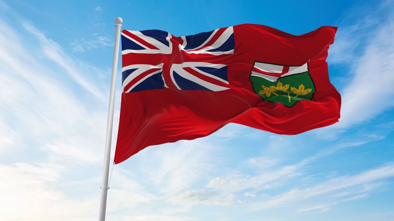 Ontario flag blowing in wind
