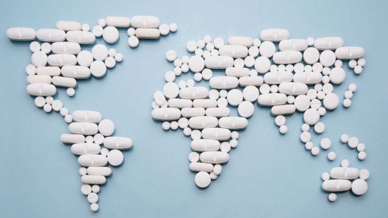 World map made up of white pills
