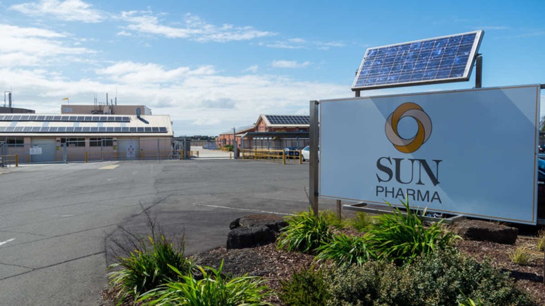 Sun Pharma brand logo on a sign outside a Sun Pharma site