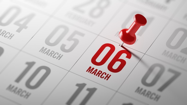 6 March calendar date with red pin
