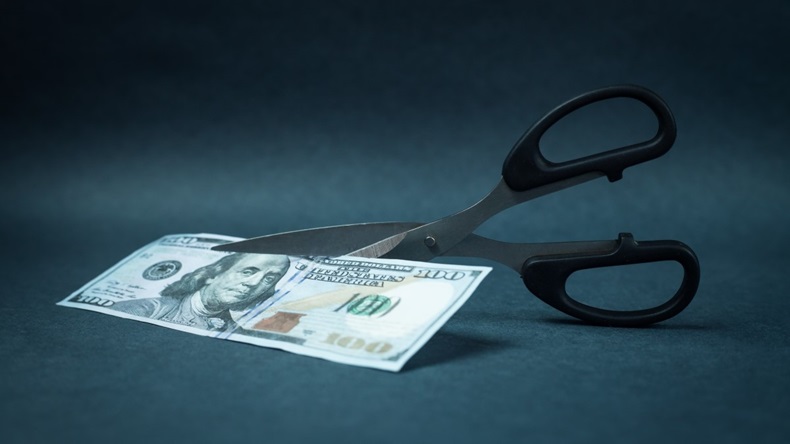 Scissors cutting 100 dollar bill, discount concept