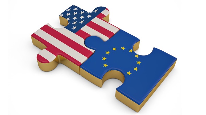 US and EU flags on jigsaw pieces