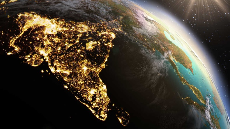 Satellite image of India at night, illuminated with urban light centers