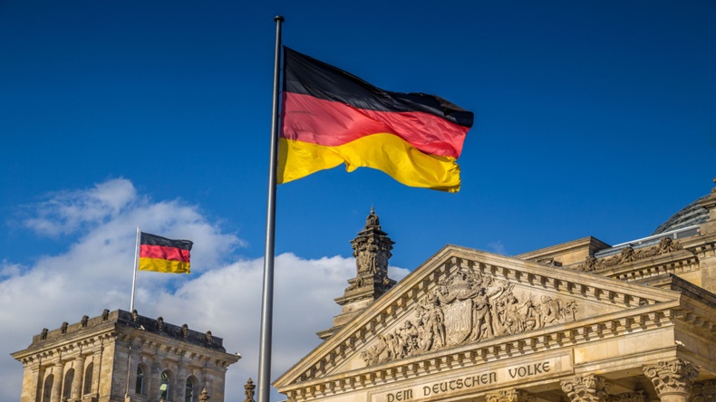 German flag outside of the Reichstag in Berlin