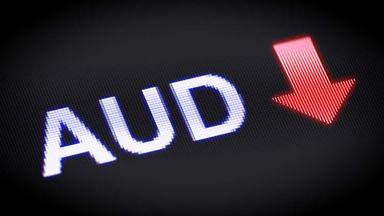 Acronym for Australian dollar (AUD) on a digital screen next to downward red arrow icon