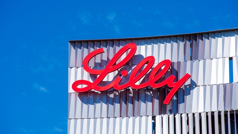 Eli Lilly logo sign atop Lilly Biotechnology Center campus