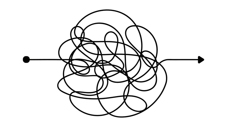 A line in a tangled mess, complicated concept
