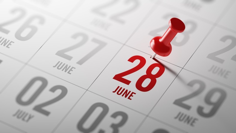 28 June calendar with red pin