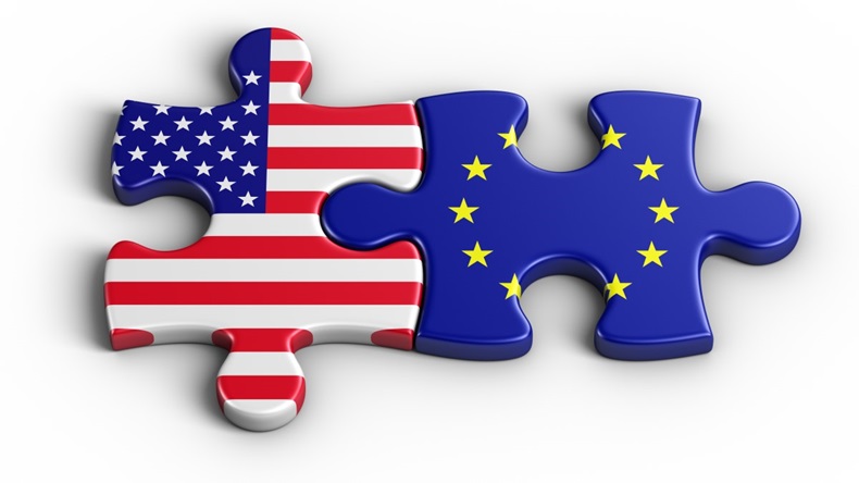 Two jigsaw pieces with US and EU flags