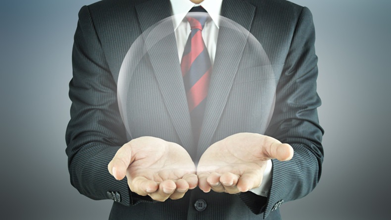 Businessman hands holding empty transparent sphere