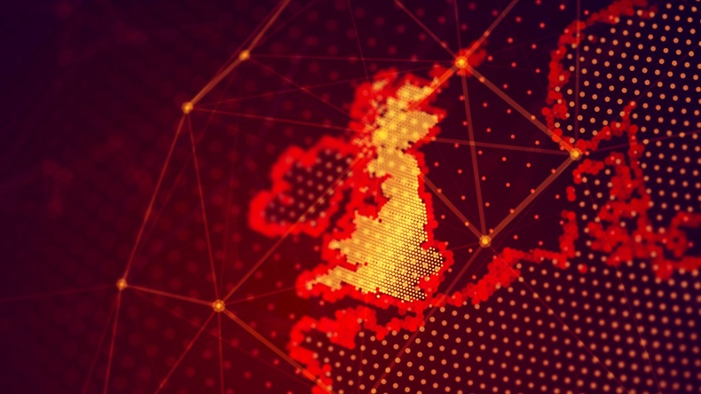 UK highlighted on digital data map