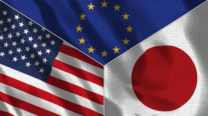 US, EU and Japanese flags