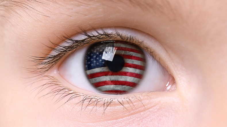 US flag reflected in eye