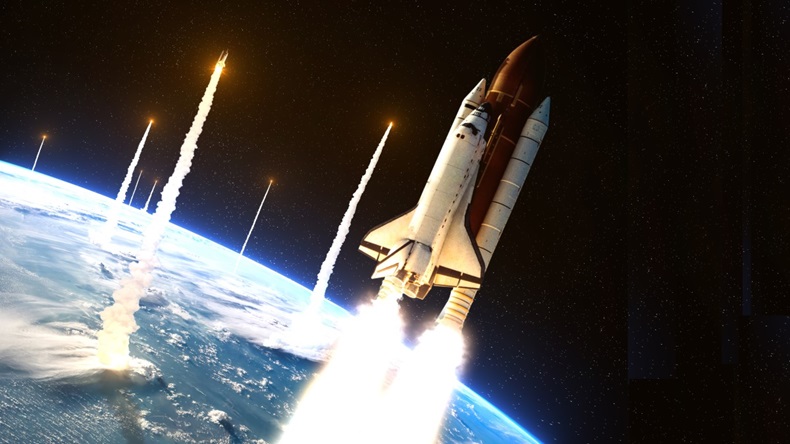 Multiple rockets and space shuttles launching from Earth into space