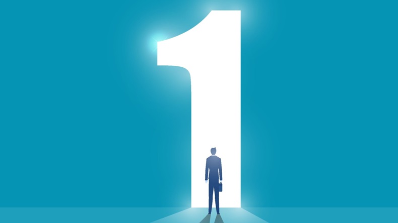 Businessman standing in front of an open door in shape of number one