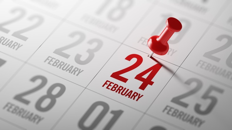 Red pin on calendar date of 24 February