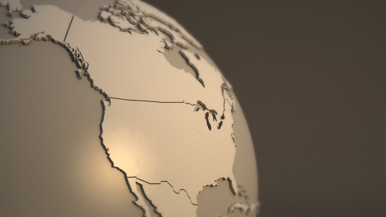 Close-up of sepia globe focusing on US and Canada