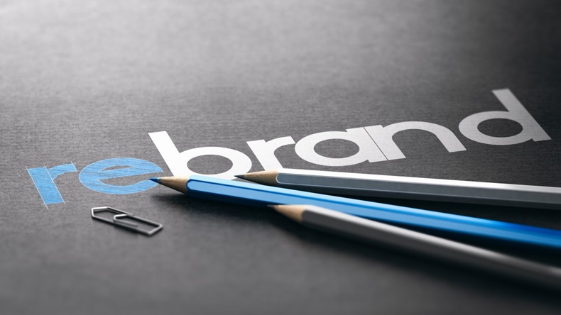 Rebrand word in blue and white with pencils