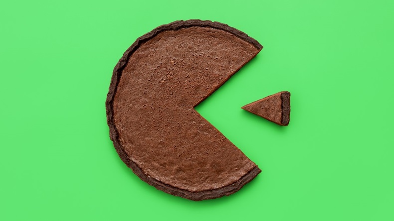 Tiny slice of chocolate cake, pie chart, small market share concept