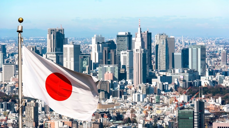Japanese skyline with national flag