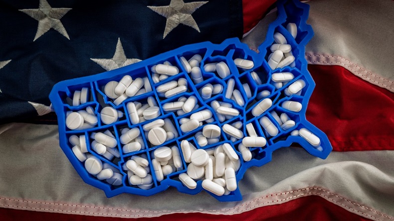 Map Of USA With White Pills On US Flag