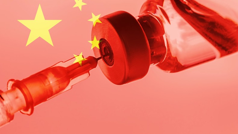 China flag, vial dose, needle syringe