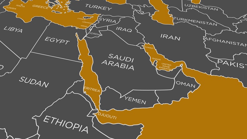 Map of Middle East, Saudi Arabia in Focus, Perspective View, Printed Grey on Yellow Gold Carton Paper, White Titles and Borders
