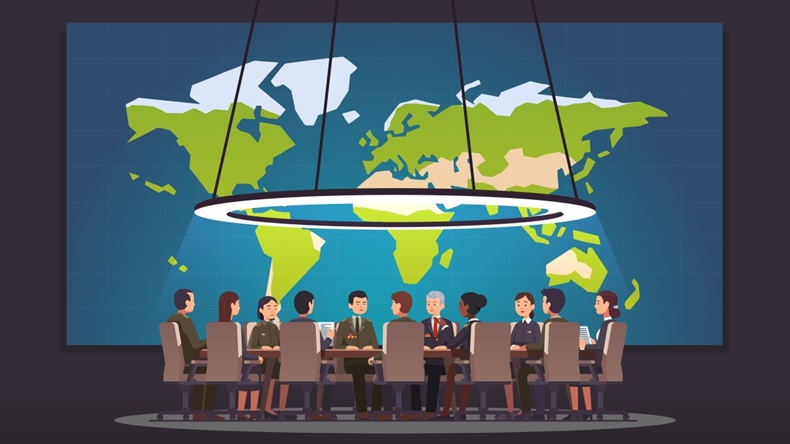 Illustration of officials at a roundtable and world map in the background