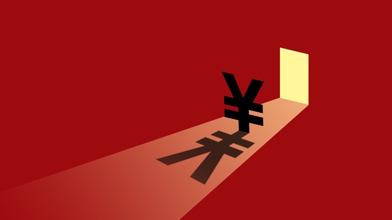 Yen symbol in front of doorway with red background