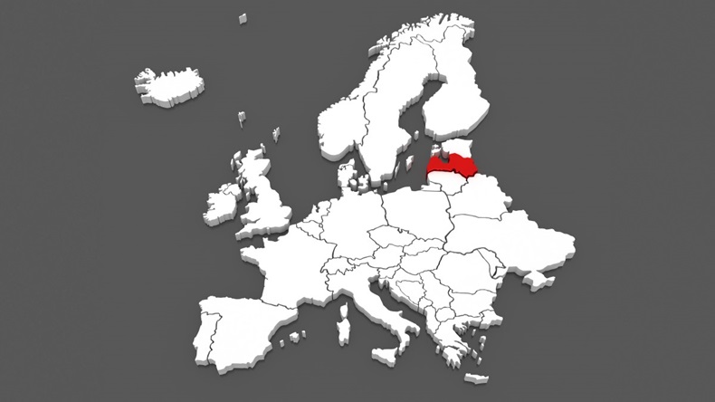 Latvia highlighted in red on map of Europe