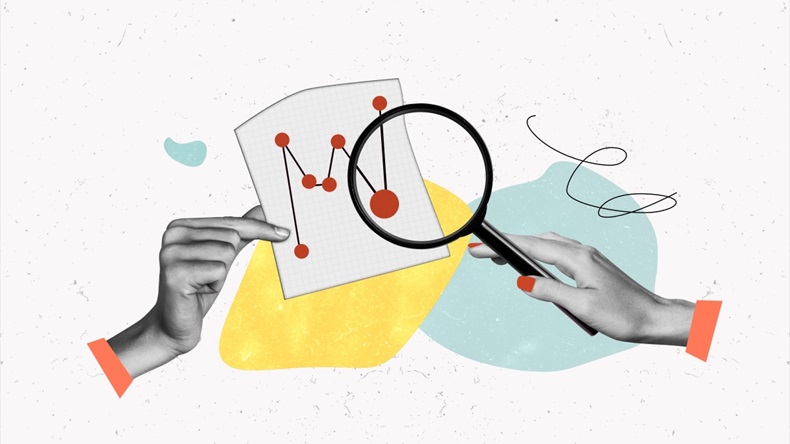 Collage illustrating magnifying glass and a graph