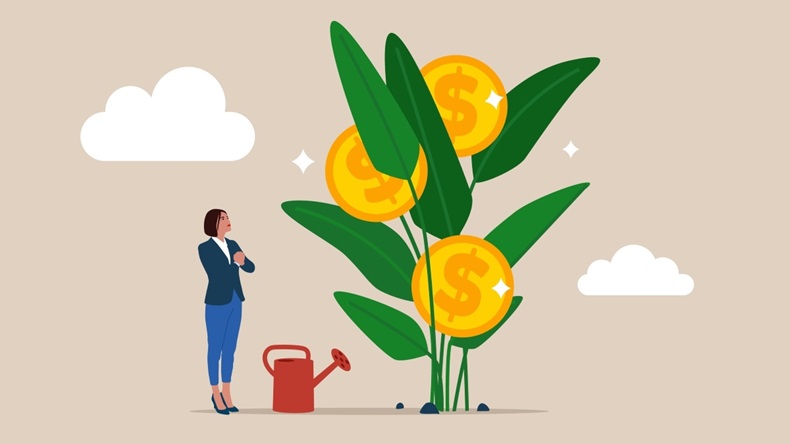 A woman standing next to a plant that represents financial growth 