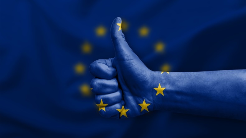 Hand making thumb up painted with flag of European Union