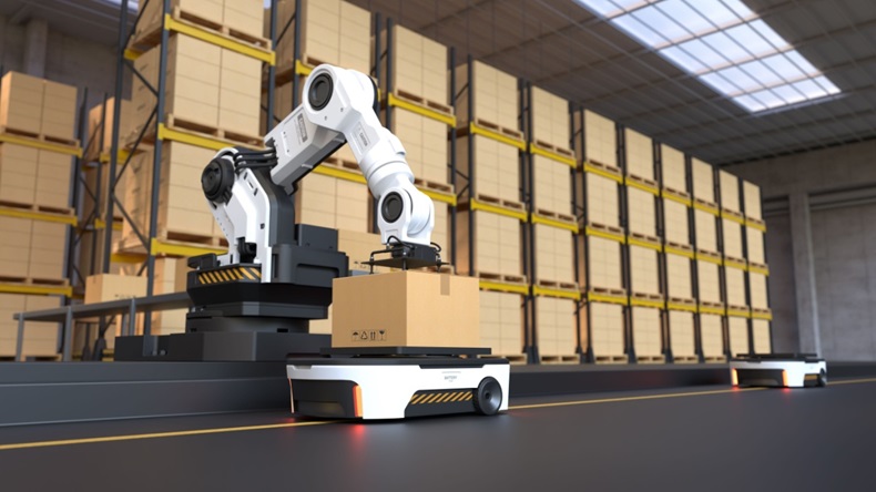 The Robot arm picks up the box to Autonomous Robot transportation in warehouses