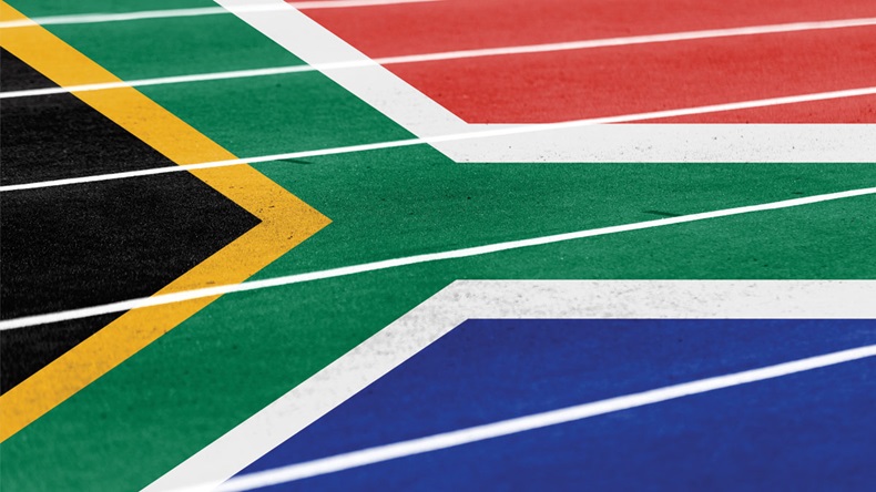 running athletic race track with blending South Africa flag