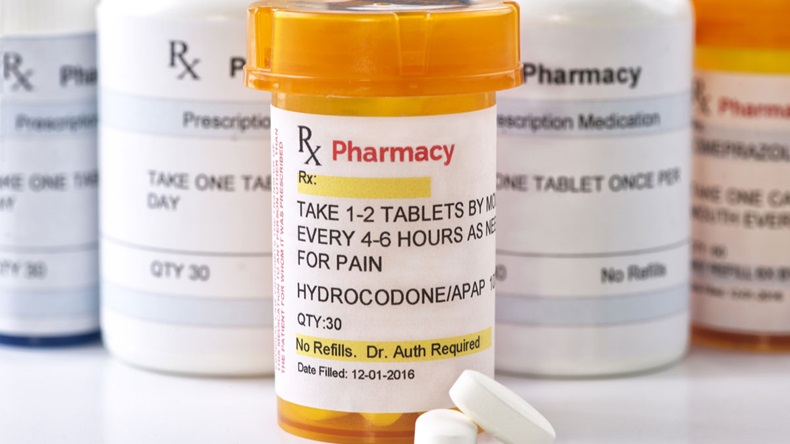 Hydrocodone prescription bottle. Hydrocodone is a generic medication name and label was created by photographer.